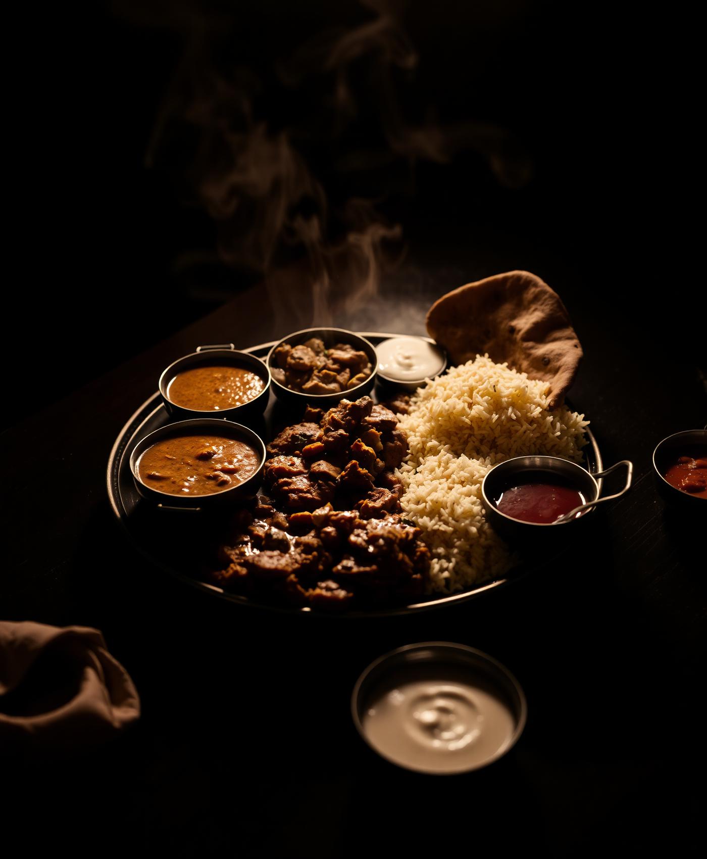A steaming North Indian thali plated at home in Singapore